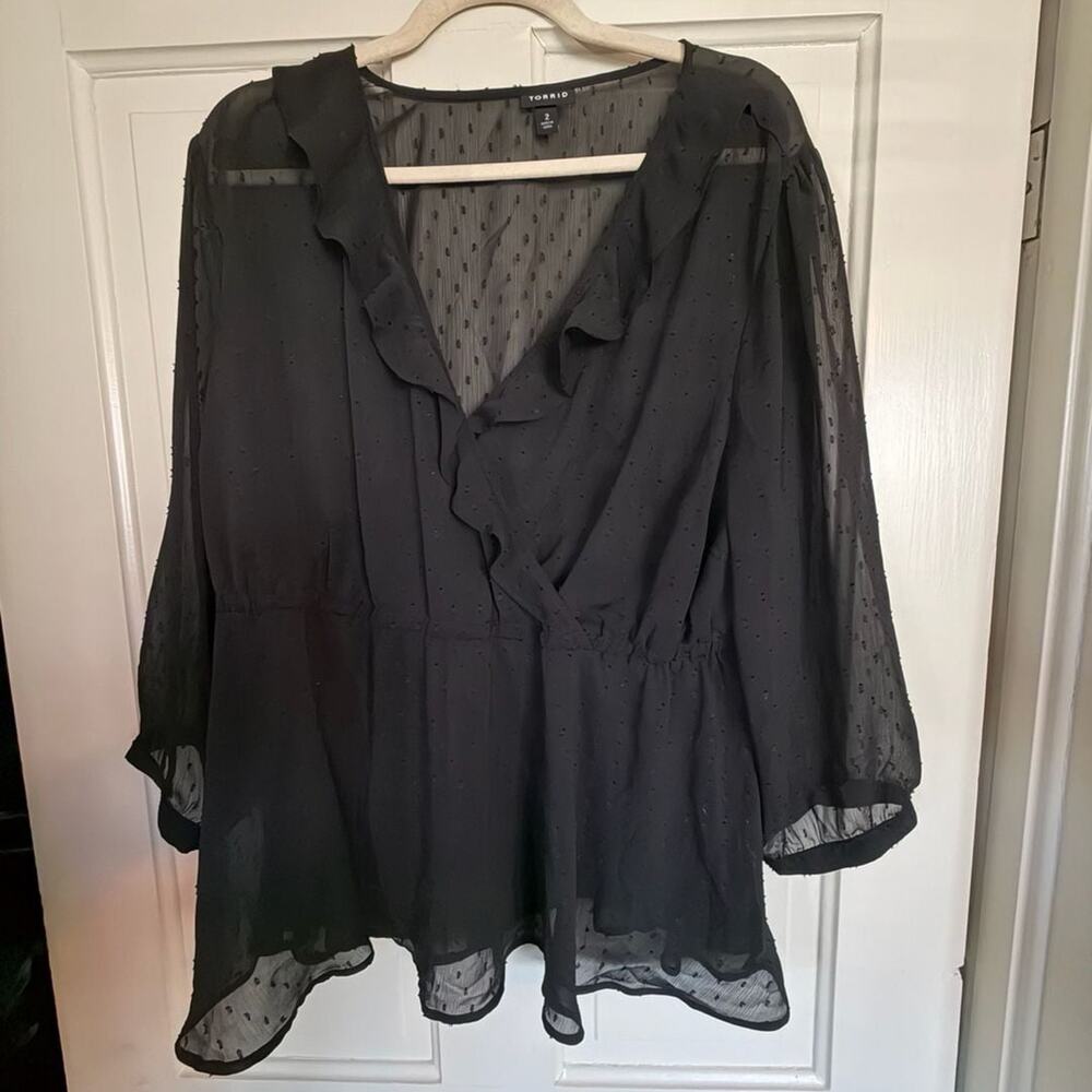 Torrid Black Swiss Dot Sheer Ruffle V-Neck Babydoll Blouse